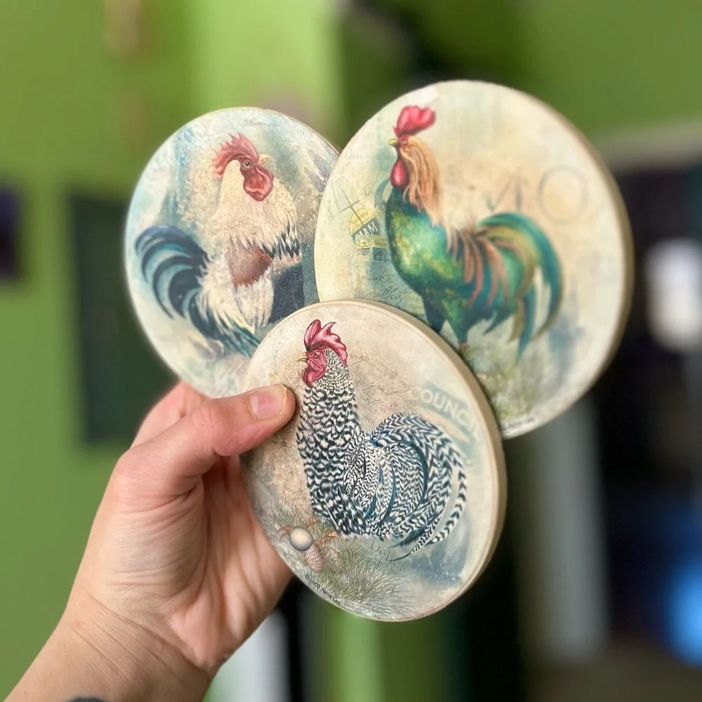 VTG Rustic Farmhouse Rooster Cottagecore Home Corked Back Coasters Set of 3 - Picture 5 of 8